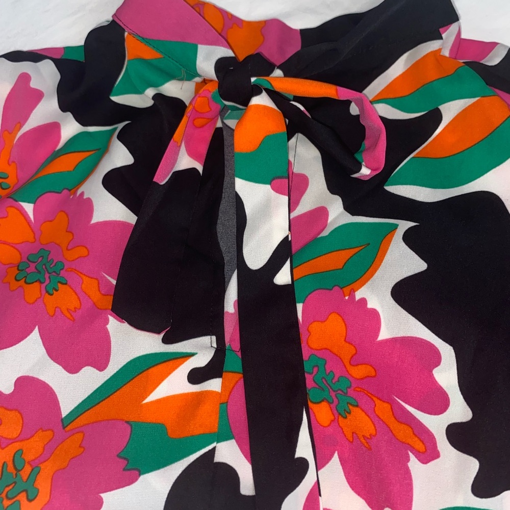 Floral Print High-Neck Blouse in Black, Pink & Orange - Picture 3 of 5